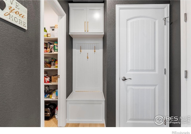 1228 104th Avenue Ct, Greeley, CO 80634 - mudroom featuring wood finished floors and a textured wall