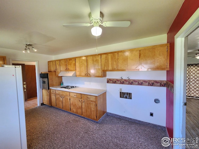 1107 Delmar St, Sterling, CO 80751 - kitchen with ceiling fan, white appliances, under cabinet range hood, brown cabinets, and light countertops