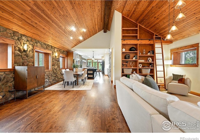 2958 6th St, Boulder, CO 80304 - living area featuring wooden ceiling, plenty of natural light, high vaulted ceiling, and wood finished floors