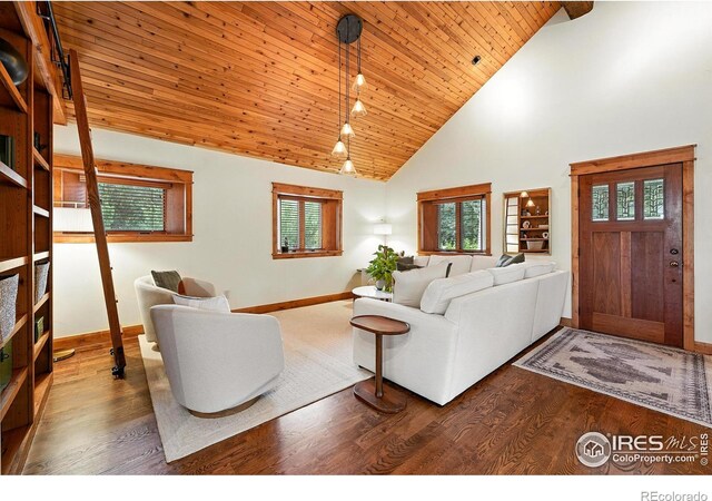 2958 6th St, Boulder, CO 80304 - living room with healthy amount of natural light, high vaulted ceiling, wood finished floors, and wood ceiling