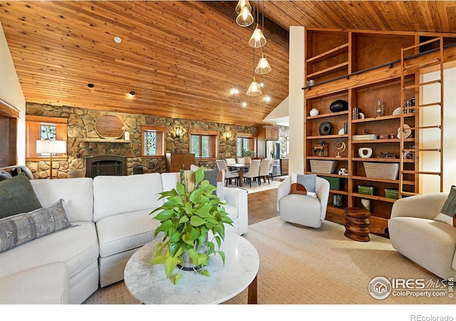 2958 6th St, Boulder, CO 80304 - living area with wooden ceiling, high vaulted ceiling, and a fireplace
