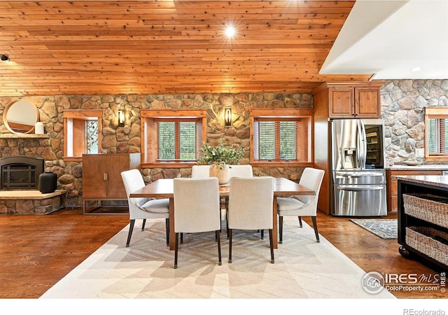 2958 6th St, Boulder, CO 80304 - dining room featuring wooden ceiling, a fireplace, and wood finished floors
