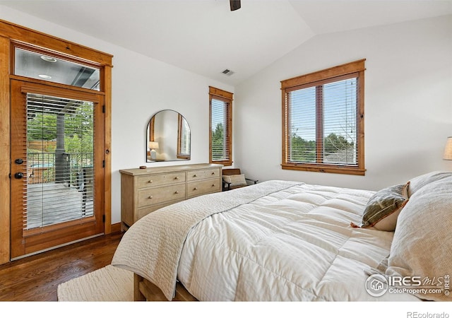 2958 6th St, Boulder, CO 80304 - bedroom featuring dark wood-style floors, access to exterior, vaulted ceiling, and a ceiling fan
