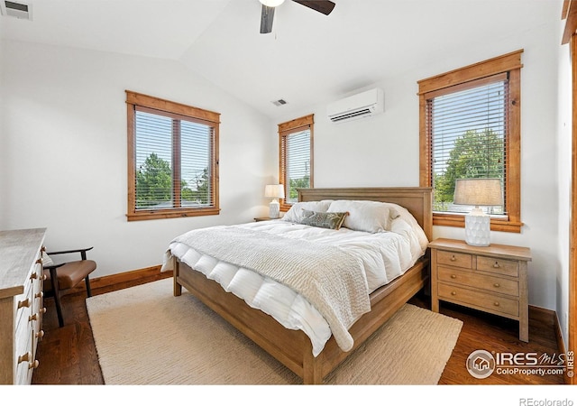 2958 6th St, Boulder, CO 80304 - bedroom with a wall mounted AC, lofted ceiling, dark wood-style floors, and a ceiling fan