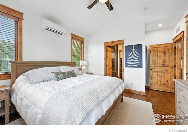 2958 6th St, Boulder, CO 80304 - bedroom with a wall mounted AC, lofted ceiling, dark wood-type flooring, ceiling fan, and ensuite bathroom