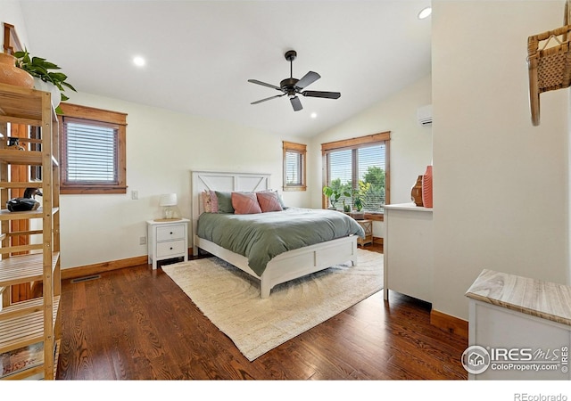 2958 6th St, Boulder, CO 80304 - bedroom with vaulted ceiling, wood finished floors, a wall mounted AC, recessed lighting, and a ceiling fan