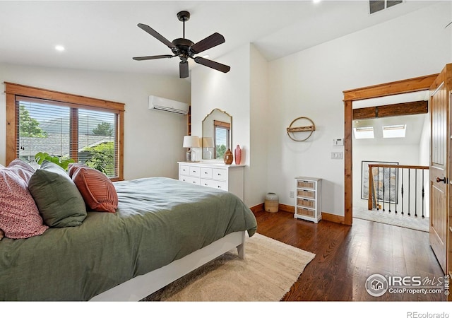2958 6th St, Boulder, CO 80304 - bedroom with lofted ceiling, a wall mounted AC, wood finished floors, recessed lighting, and a ceiling fan