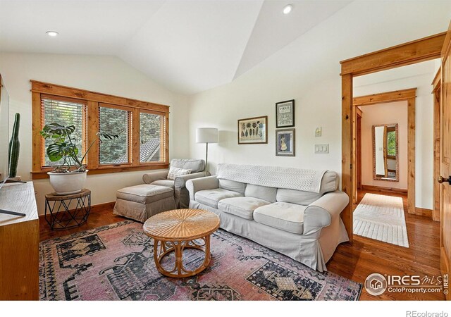 2958 6th St, Boulder, CO 80304 - living area with lofted ceiling, wood finished floors, and recessed lighting