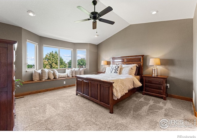 1787 Gore Creek Ct, Windsor, CO 80550 - bedroom featuring vaulted ceiling, light colored carpet, ceiling fan, and recessed lighting