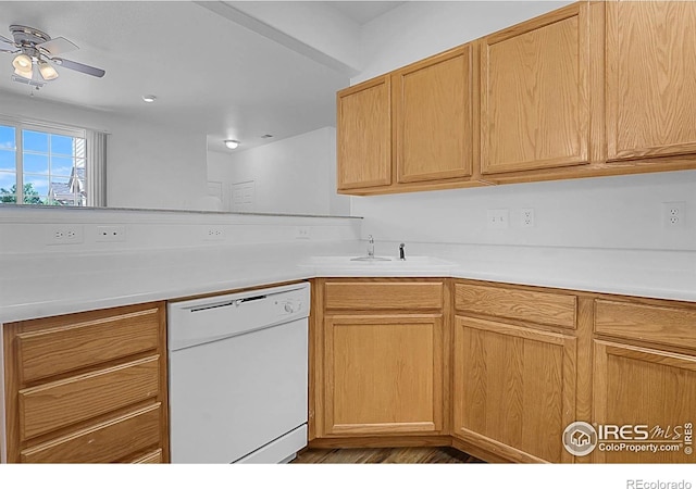 5151 29th St W Unit 204, Greeley, CO 80634 - kitchen featuring dishwasher, a ceiling fan, wood finished floors, and light countertops