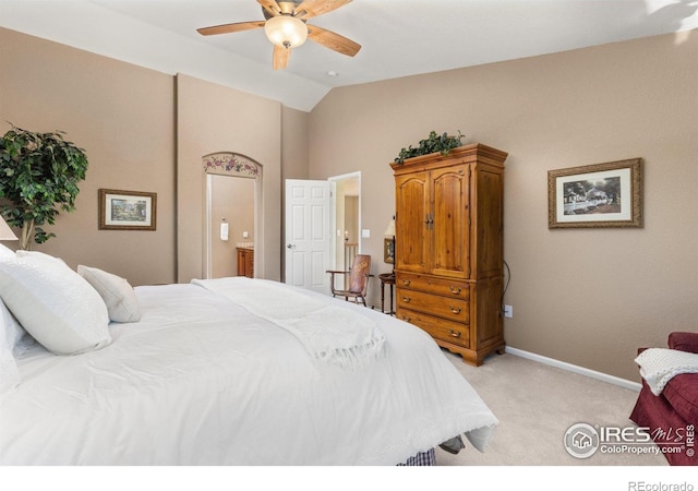11722 Elmer Linn Dr, Longmont, CO 80504 - bedroom featuring light carpet, vaulted ceiling, and ceiling fan