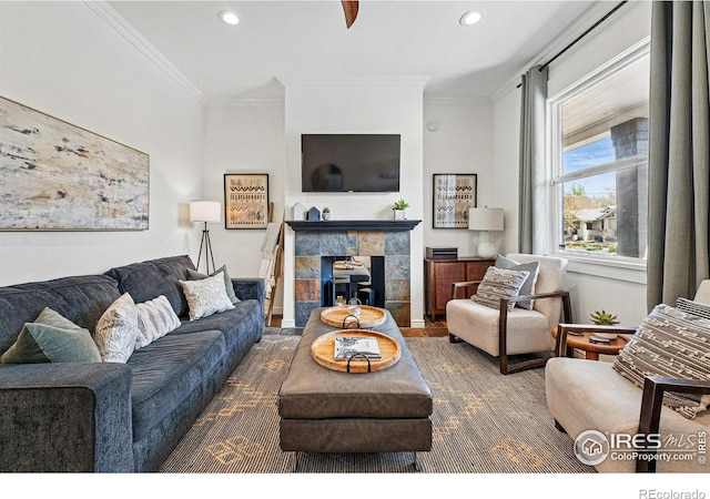 2955 Columbine St, Denver, CO 80205 - living area with ornamental molding, recessed lighting, and a fireplace