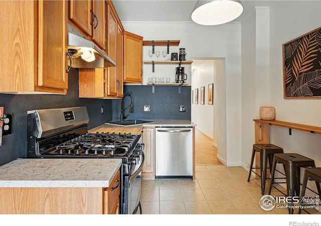2955 Columbine St, Denver, CO 80205 - kitchen featuring stainless steel appliances, under cabinet range hood, open shelves, light tile patterned flooring, and tasteful backsplash