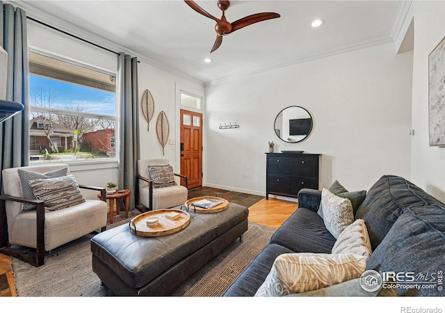 2955 Columbine St, Denver, CO 80205 - living area featuring ornamental molding, wood finished floors, a ceiling fan, and recessed lighting