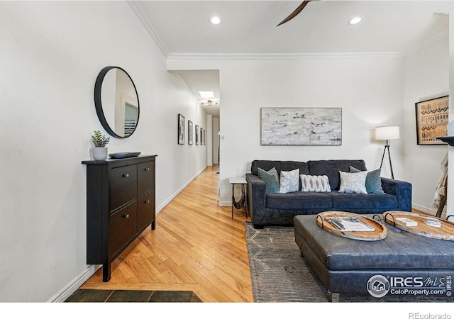 2955 Columbine St, Denver, CO 80205 - living area featuring ornamental molding, wood finished floors, recessed lighting, and ceiling fan