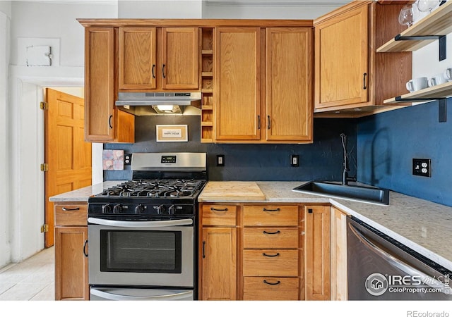 2955 Columbine St, Denver, CO 80205 - kitchen with open shelves, stainless steel appliances, under cabinet range hood, and light countertops