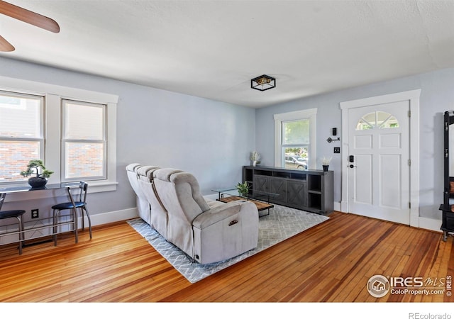 834 Emery St, Longmont, CO 80501 - living area featuring wood-type flooring and a ceiling fan