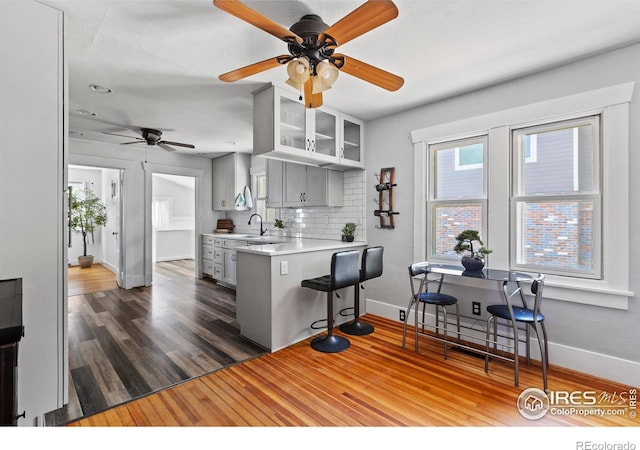 834 Emery St, Longmont, CO 80501 - kitchen with ceiling fan, light countertops, dark wood-type flooring, decorative backsplash, and gray cabinetry