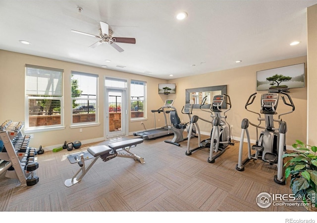 13598 Via Varra Unit 412, Broomfield, CO 80020 - exercise room with carpet floors, ceiling fan, and recessed lighting