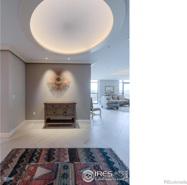 1077 Canyon Blvd # 403, Boulder, CO 80302 - hall with a tray ceiling, tile patterned floors, and recessed lighting
