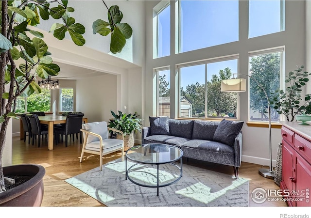 6366 Umber Cir, Arvada, CO 80403 - living area with light wood-type flooring, a towering ceiling, and a chandelier