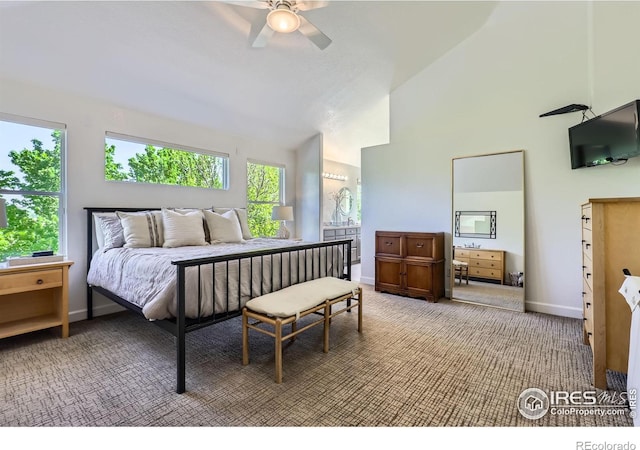 6366 Umber Cir, Arvada, CO 80403 - carpeted bedroom with high vaulted ceiling and ceiling fan