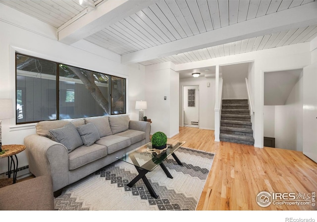 1220 Solstice Ln, Fort Collins, CO 80525 - living area with wood finished floors, stairway, and a wood ceiling with exposed beams