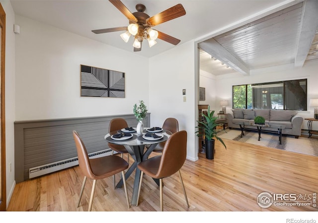 1220 Solstice Ln, Fort Collins, CO 80525 - dining space with wood finished floors, beam ceiling, ceiling fan, and a baseboard radiator