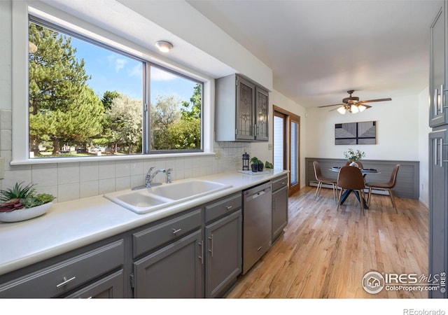 1220 Solstice Ln, Fort Collins, CO 80525 - kitchen featuring dishwasher, gray cabinets, light wood finished floors, and decorative backsplash