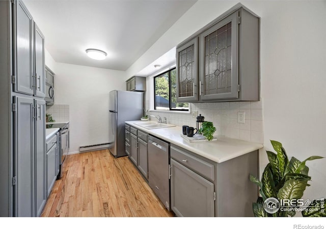1220 Solstice Ln, Fort Collins, CO 80525 - kitchen with stainless steel appliances, gray cabinets, backsplash, and light wood-style flooring