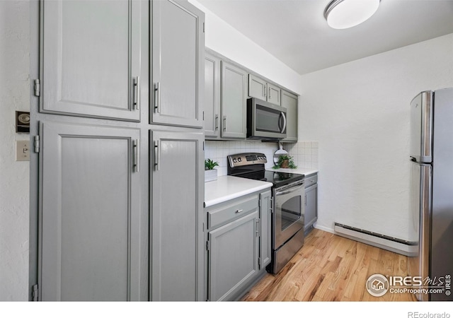 1220 Solstice Ln, Fort Collins, CO 80525 - kitchen with stainless steel appliances, gray cabinetry, backsplash, light wood-style flooring, and light countertops