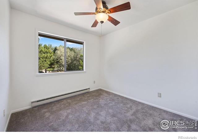 1220 Solstice Ln, Fort Collins, CO 80525 - empty room featuring a baseboard heating unit, carpet flooring, and a ceiling fan