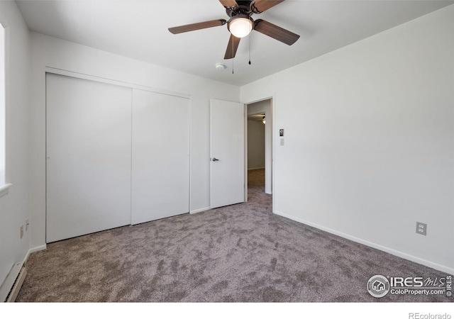 1220 Solstice Ln, Fort Collins, CO 80525 - unfurnished bedroom featuring carpet flooring, a baseboard radiator, a closet, and ceiling fan