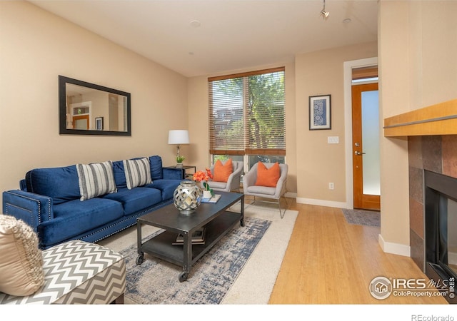 5060 Pierre St Unit E, Boulder, CO 80304 - living area with light wood-style floors and a tiled fireplace