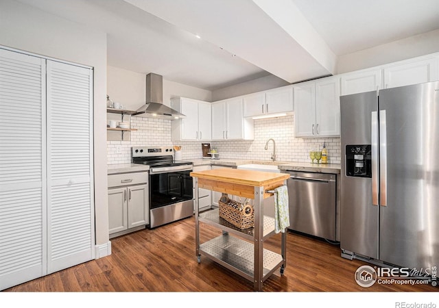 705 E Drake Rd Unit 45, Fort Collins, CO 80525 - kitchen featuring stainless steel appliances, wall chimney exhaust hood, tasteful backsplash, white cabinetry, and dark wood-style flooring