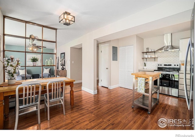705 E Drake Rd Unit 45, Fort Collins, CO 80525 - kitchen with electric range, wall chimney exhaust hood, tasteful backsplash, dark wood finished floors, and electric panel