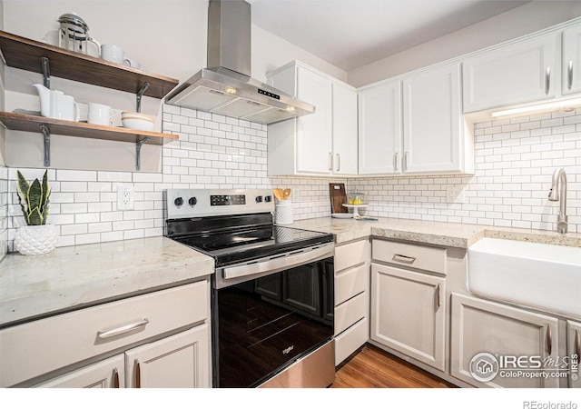 705 E Drake Rd Unit 45, Fort Collins, CO 80525 - kitchen with stainless steel electric range oven, wall chimney exhaust hood, backsplash, and white cabinets