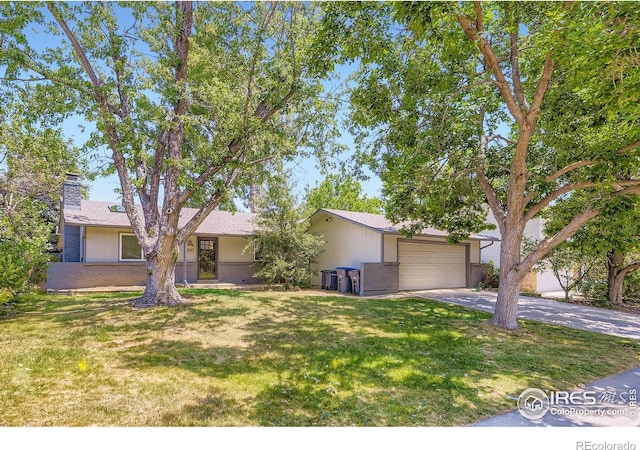 1287 Doric Dr, Lafayette, CO 80026 - view of front facade with asphalt driveway, a chimney, a front yard, and a garage