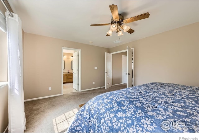 13065 Tamarac Pl, Thornton, CO 80602 - bedroom with carpet, a ceiling fan, and connected bathroom