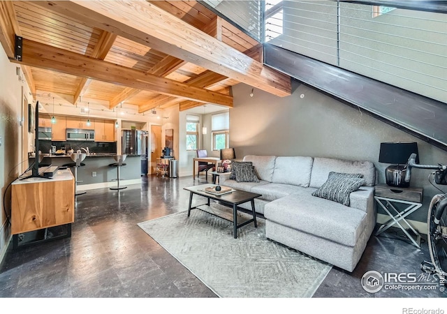 801 Confidence Dr Unit 16, Longmont, CO 80504 - living room featuring a wooden ceiling with exposed beams and baseboards