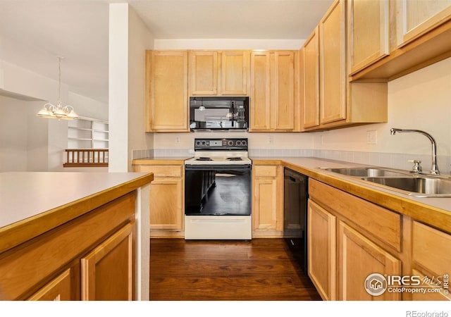 3686 Oakwood Dr, Longmont, CO 80503 - kitchen featuring black appliances, light brown cabinetry, dark wood finished floors, and a chandelier