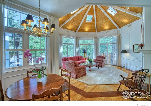 4471 Wellington Rd, Boulder, CO 80301 - dining space with a chandelier, a decorative wall, wood finished floors, and wood ceiling