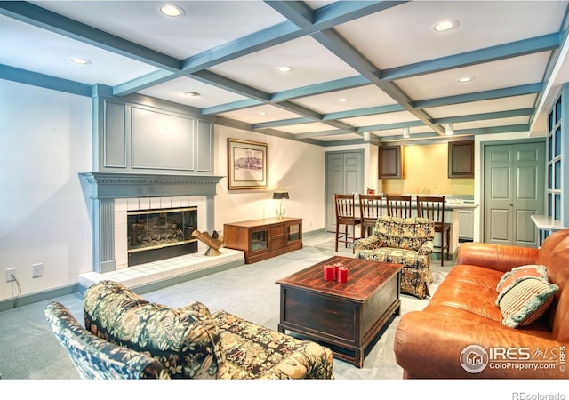 4471 Wellington Rd, Boulder, CO 80301 - living room featuring carpet flooring, beamed ceiling, recessed lighting, coffered ceiling, and a tiled fireplace