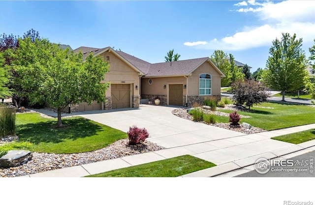 15002 Cosmos Way, Broomfield, CO 80023 - ranch-style house with stone siding, stucco siding, a garage, a front lawn, and driveway
