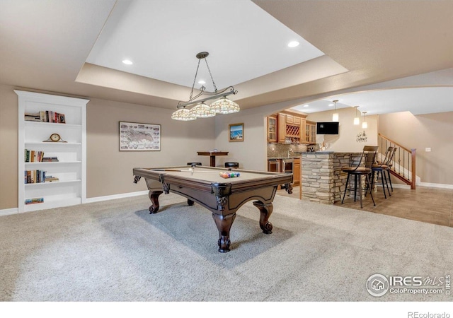 15002 Cosmos Way, Broomfield, CO 80023 - playroom featuring bar with sink, billiards table, a raised ceiling, light colored carpet, and recessed lighting