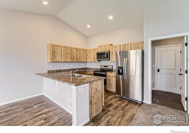 1541 Water Vista Ln, Severance, CO 80550 - kitchen featuring appliances with stainless steel finishes, light brown cabinets, a peninsula, dark wood-type flooring, and high vaulted ceiling