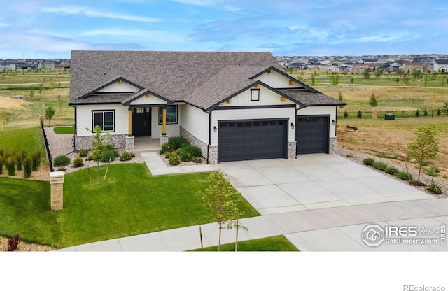 24113 E 36th Pl, Aurora, CO 80019 - modern inspired farmhouse with a garage, concrete driveway, roof with shingles, a front yard, and stone siding