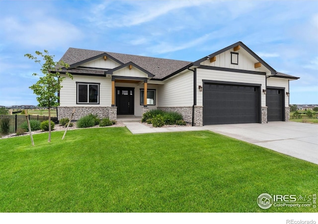 24113 E 36th Pl, Aurora, CO 80019 - modern farmhouse featuring a garage, stone siding, board and batten siding, and driveway
