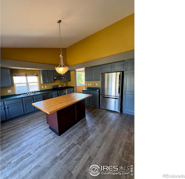 2395 Sandpiper Dr, Lafayette, CO 80026 - kitchen with appliances with stainless steel finishes, butcher block countertops, plenty of natural light, dark wood-style flooring, and high vaulted ceiling