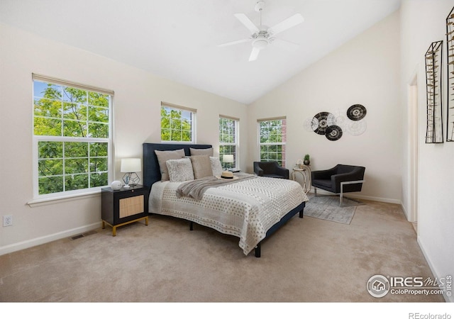 3882 W 118th Pl, Westminster, CO 80031 - bedroom featuring carpet, high vaulted ceiling, and ceiling fan